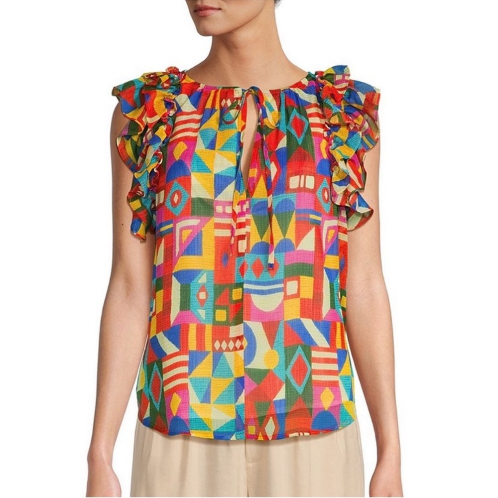 NWT ANTONIO MELANI Meadow Printed Keyhole Neck Short Flutter Sleeve Blouse
